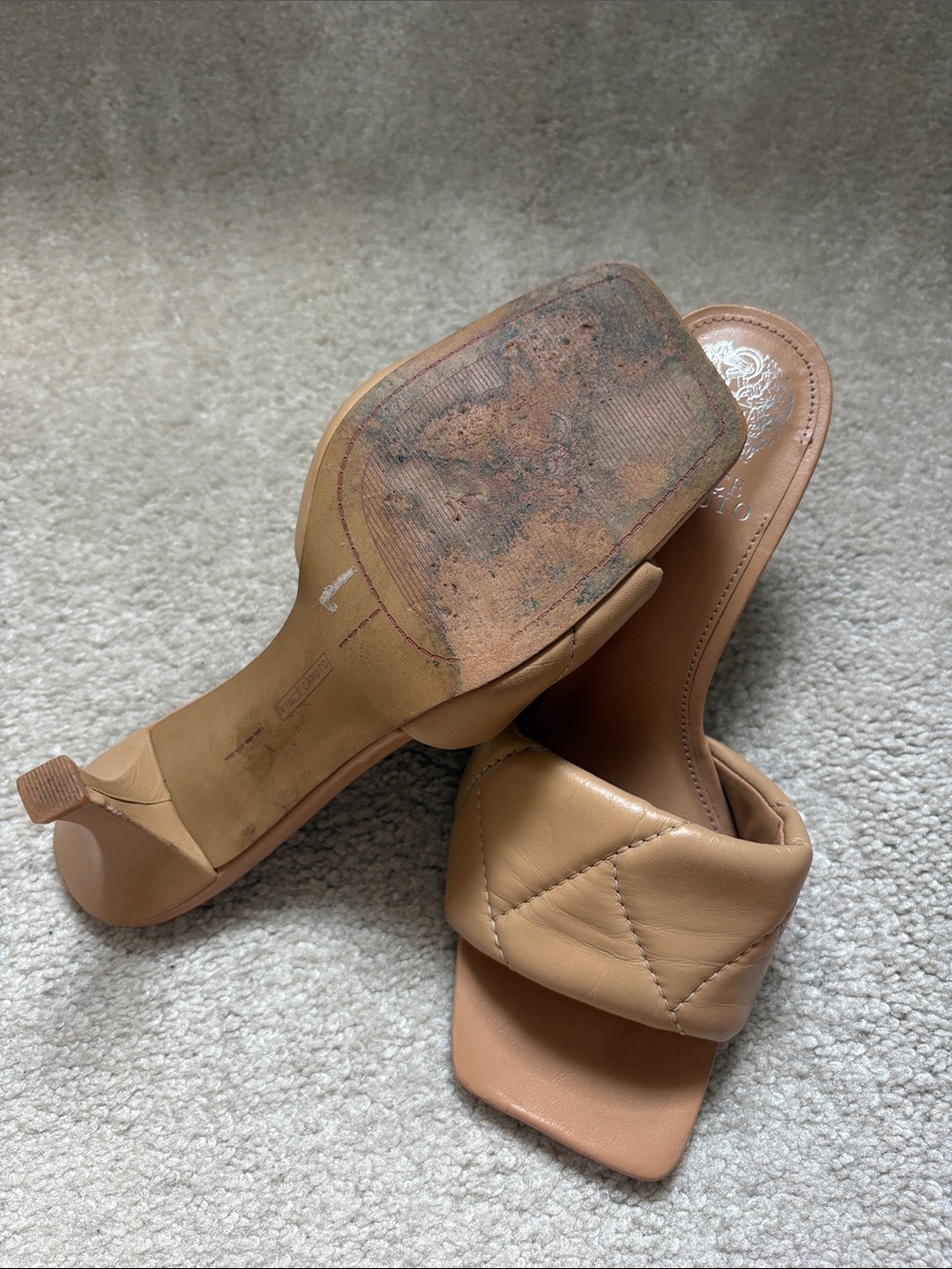 Vince Camuto Quilted Tan Leather High Heel Slide Sandals - Picture 3 of 3